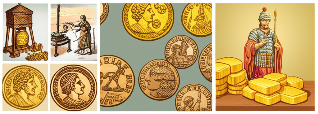 古呂底亞王國鑄造金幣帶王室標誌,羅馬帝國以奧勒斯金幣交易,漢朝使用金餅高價值交易