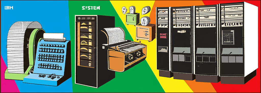 早期製表機與打孔卡片轉變為標誌性 System 360 大型主機,象徵計算演進