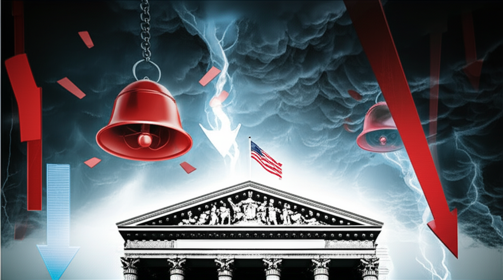 黑暗風暴雲籠罩股市大樓,警鈴響起,經濟指標向下,象徵衰退恐懼與盈利下滑