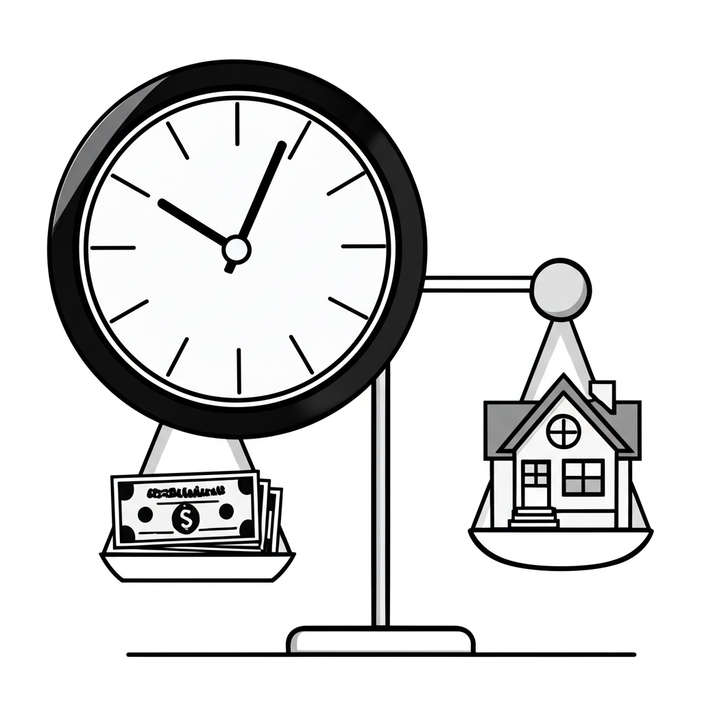 An illustration showing a clock and a weighing scale with various assets like a house a stock certificate and cash demonstrating how quickly assets convert to cash without price impact