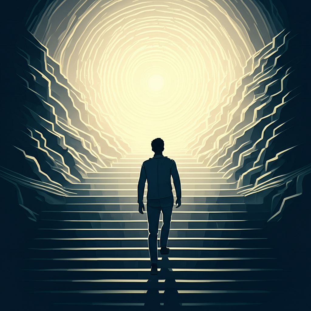 情緒智慧之旅:人爬樓梯通往平靜心靈,象徵韌性建構