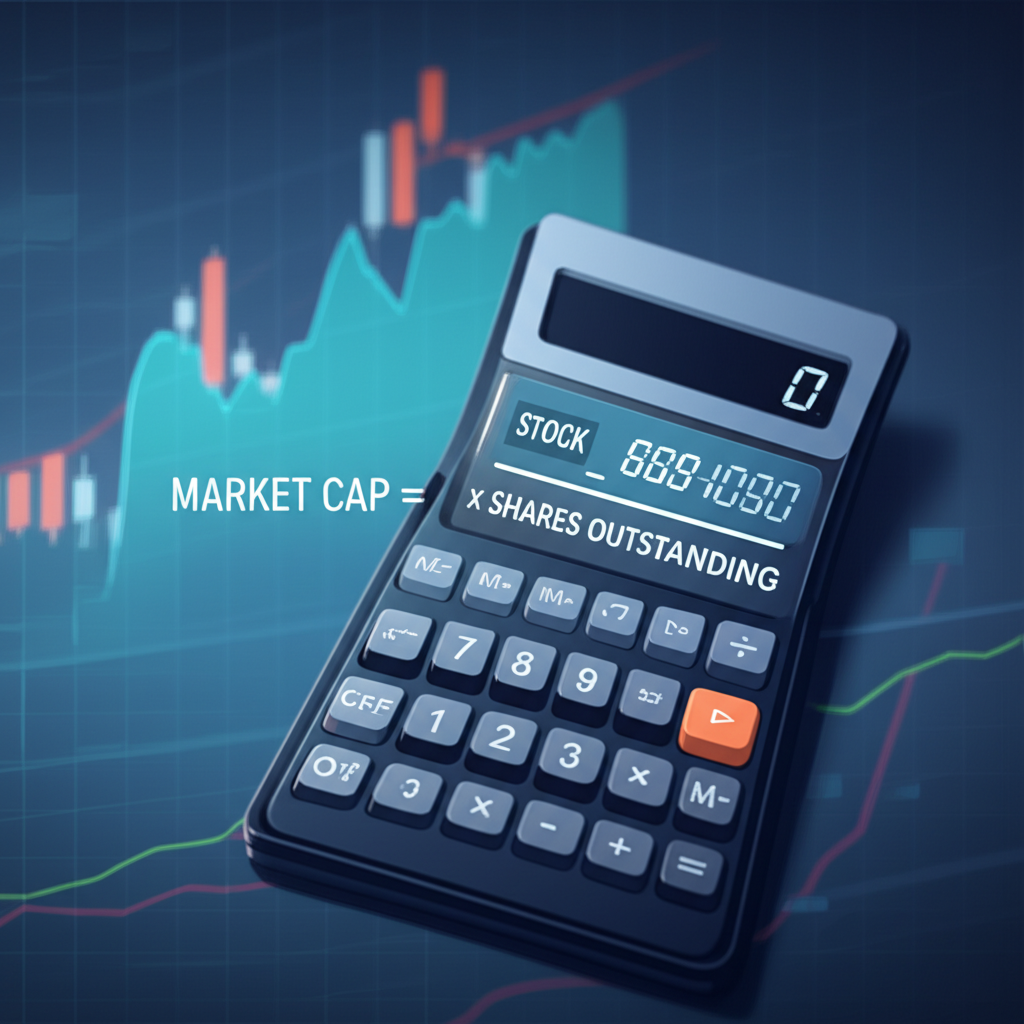 市值計算公式插圖,股價乘以流通股數伴隨計算器與股票圖表