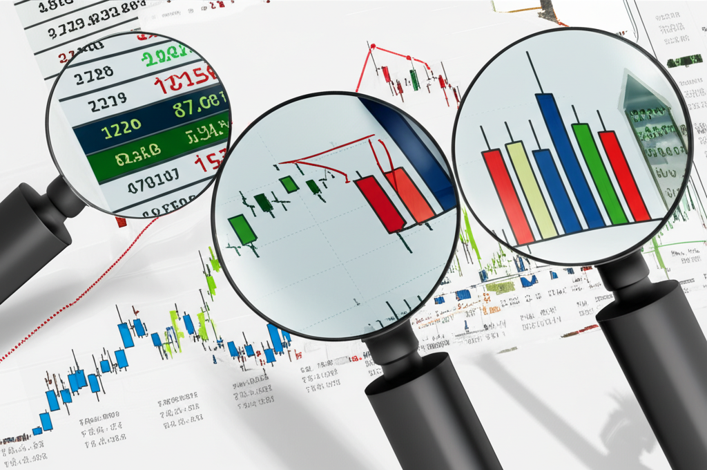 三個不同的放大鏡分別聚焦股票圖表的財務報表、價格模式和投資者活動,代表基本面、技術面與籌碼面三大分析方法