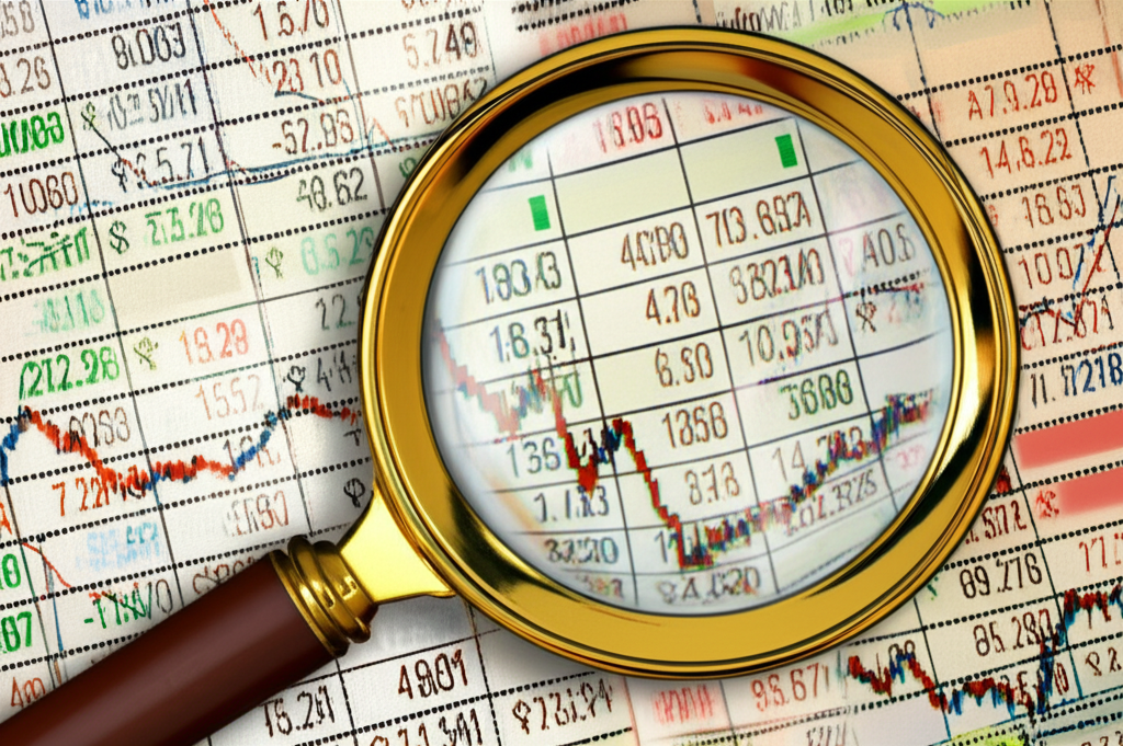 歷史文件或資料檔案充滿圖表與數字,代表過去資產價格及其實際波動,放大鏡檢視舊市場行為的插圖