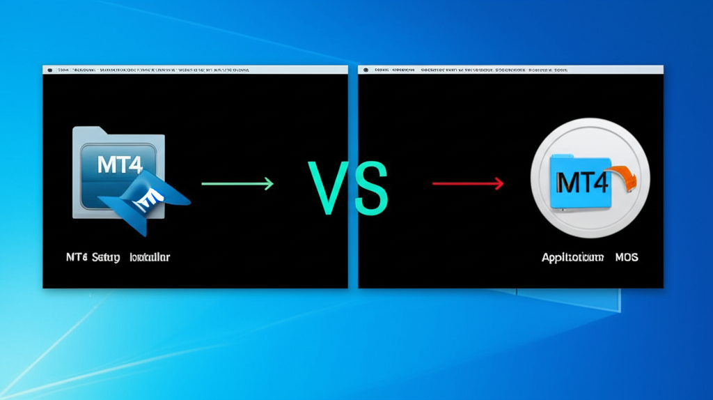 Windows 與 macOS 安裝過程插圖,分屏顯示 Windows 桌面安裝圖示與 macOS 拖曳應用程式圖示,象徵不同系統的安裝差異