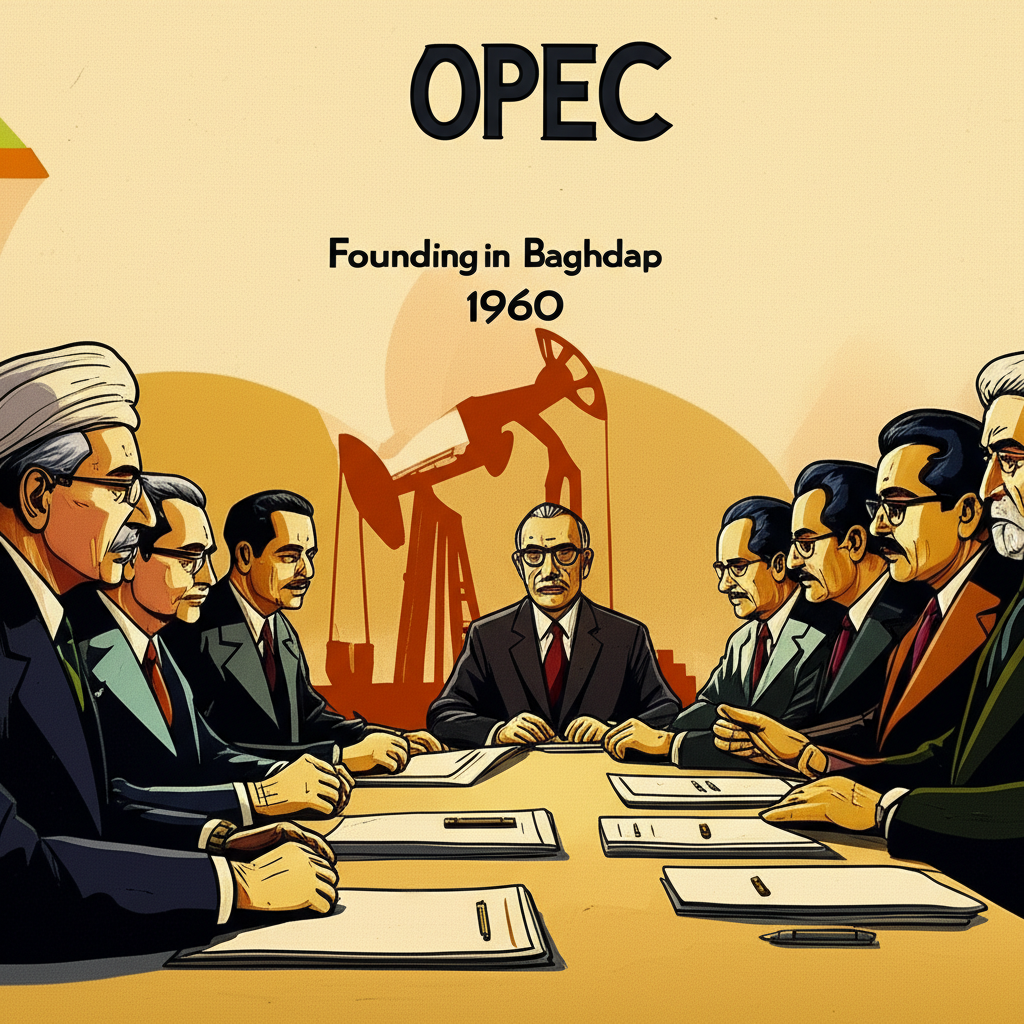 OPEC於1960年在巴格達成立,對抗石油公司捍衛產油國利益,並成為全球能源力量的插圖