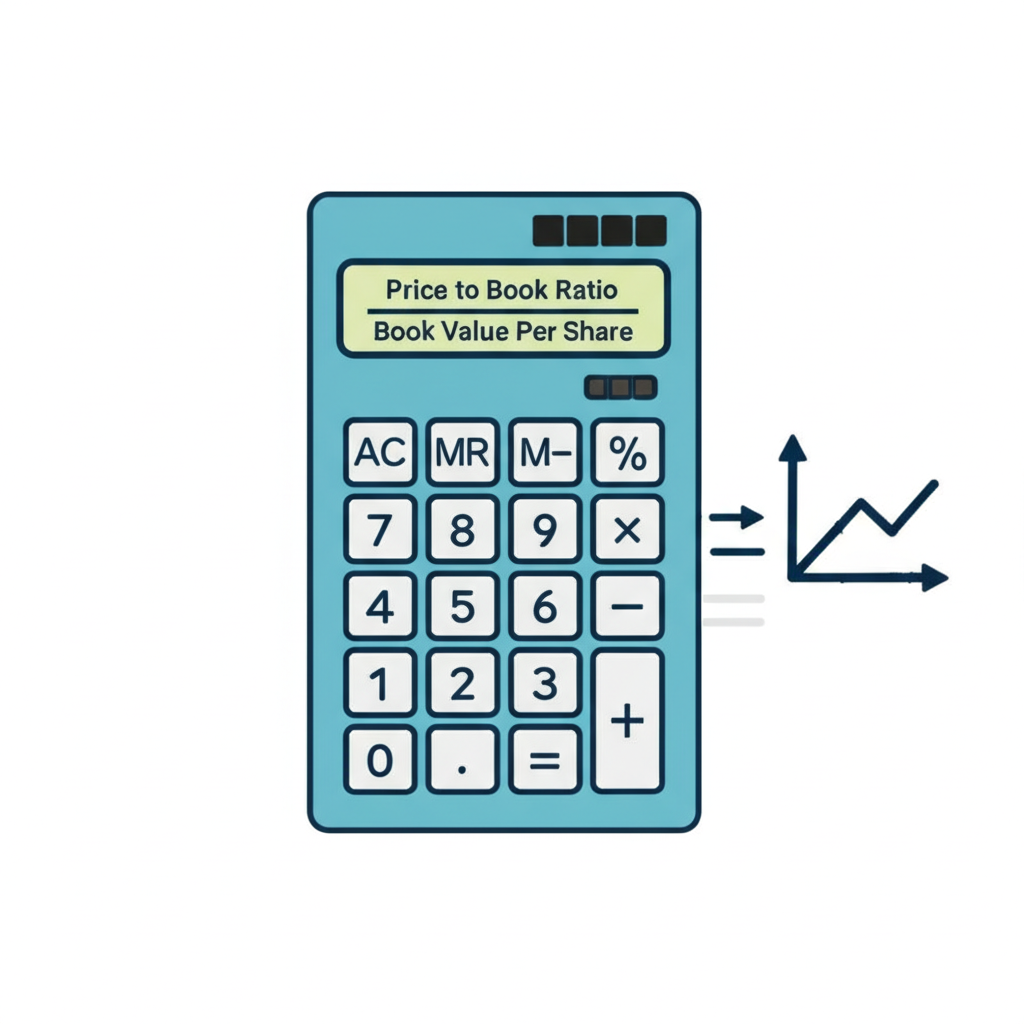 An illustration of a calculator displaying a formula for price to book ratio stock price divided by book value per share with a simple graph showing calculation steps