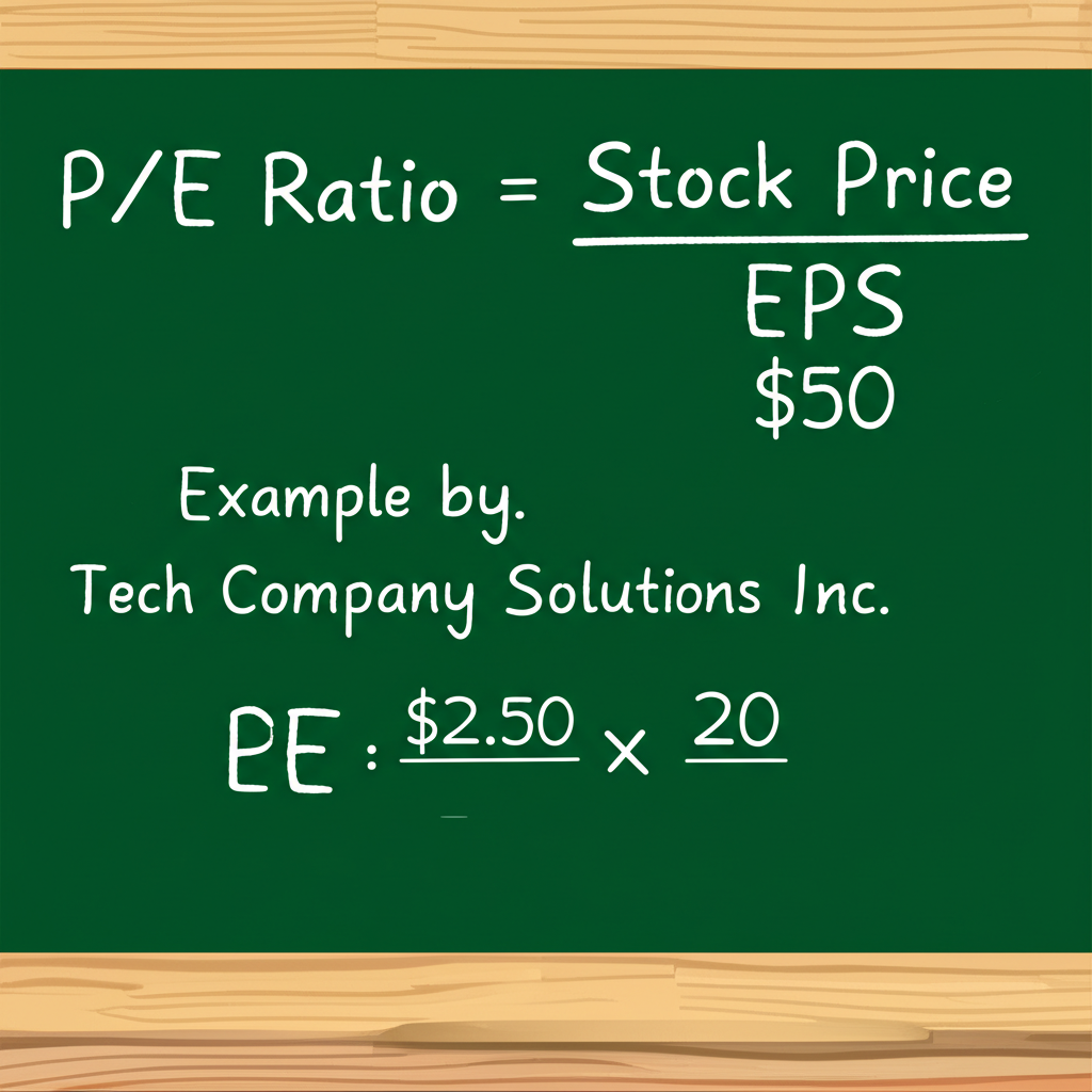 黑板上顯示本益比公式與科技公司範例計算的插圖