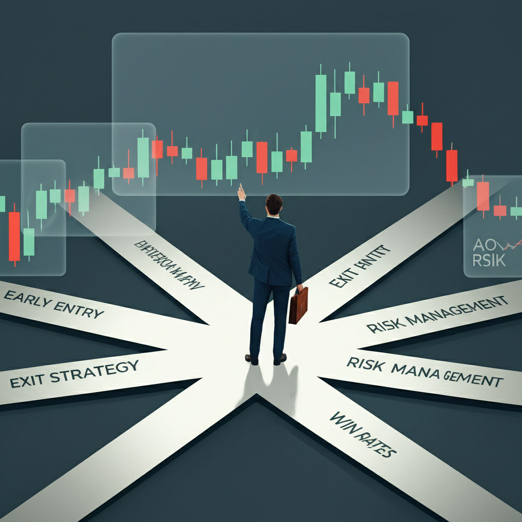 交易者決策十字路口圖,象徵反轉型態導向的進出場與風險管理