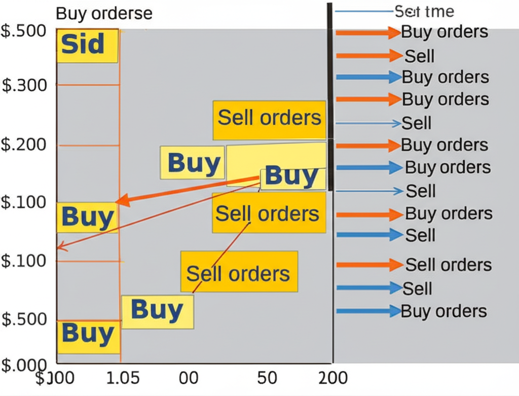 股票訂單匹配機制的插圖,顯示買賣訂單排列,代表價格與時間優先原則,以及市場深度對成交價的影響