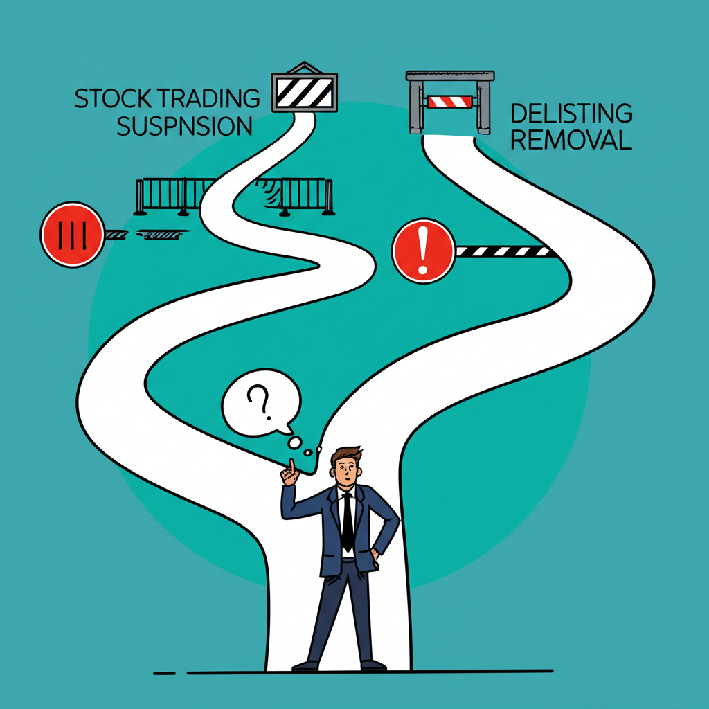 投資人困惑地注視兩條不同路徑，一條代表股票暫停交易的短暫休息，另一條代表下市的永久退場的插圖