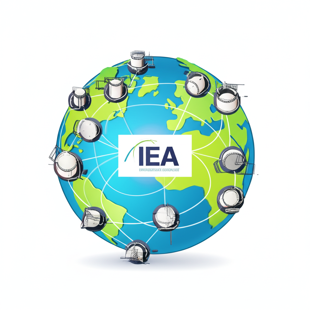 全球石油儲備網絡插圖，國際能源署標誌居中，象徵成員國合作確保能源安全與穩定油價