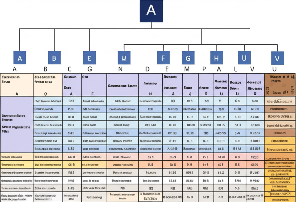 層級分類系統插圖,從A到U大類逐步細分至具體經濟活動,如詳細產業地圖
