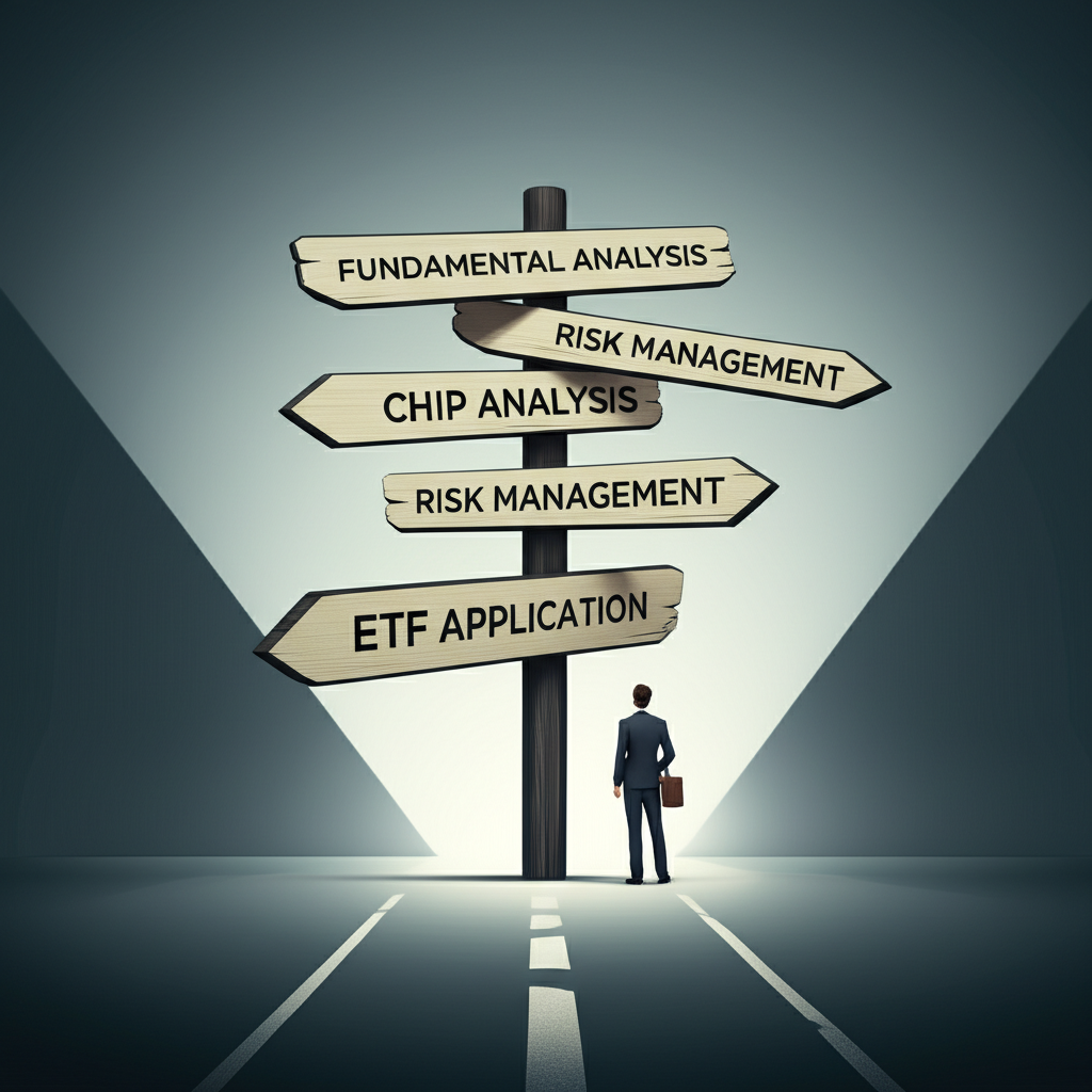 投資人站在十字路口，路標指向基本面分析、籌碼分析、風險管理與ETF應用，引導之光象徵客觀實用的技術分析方法