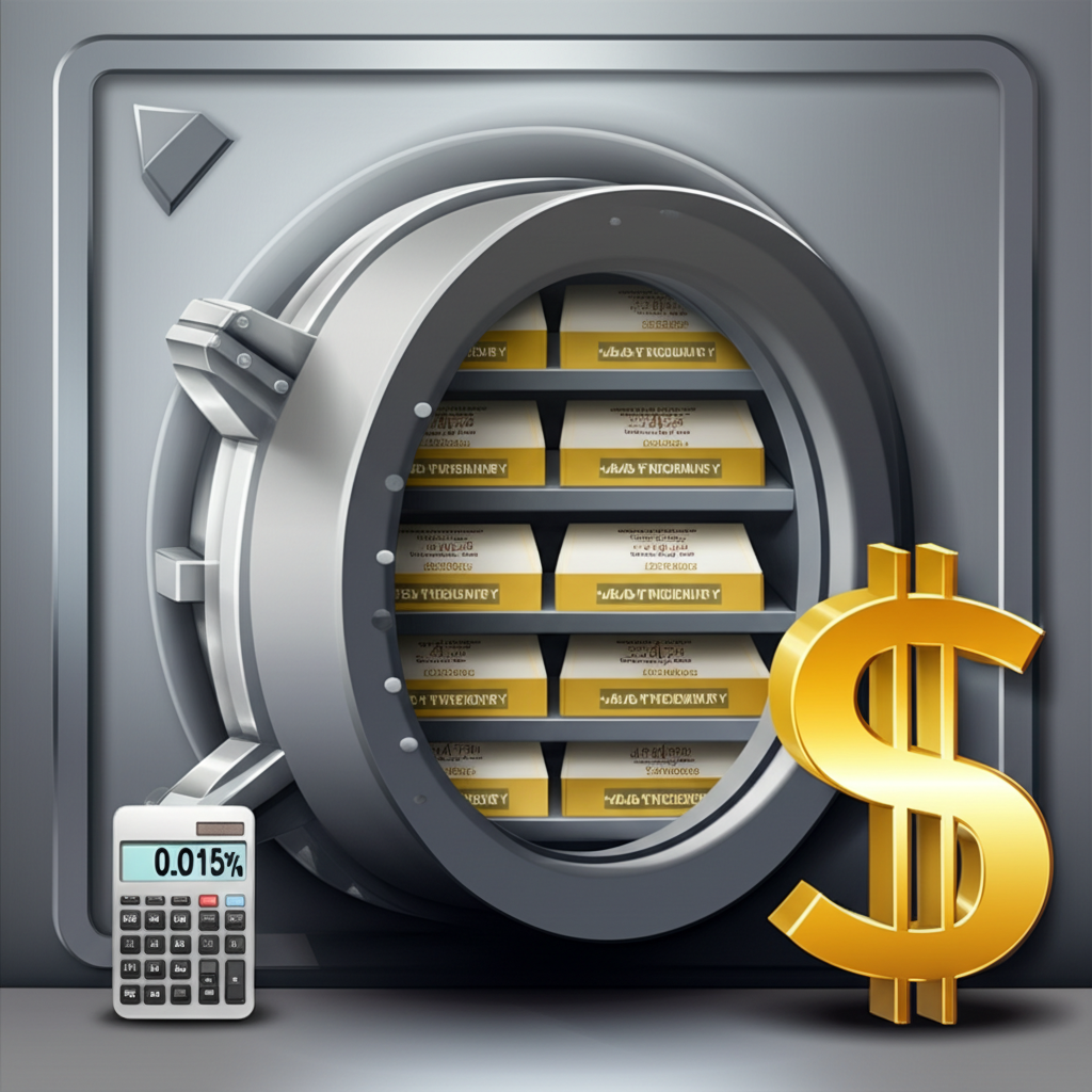 安全金庫充滿美國公債,象徵低信用風險與高資產品質,計算器顯示費用率0.15%與巨型<a href=