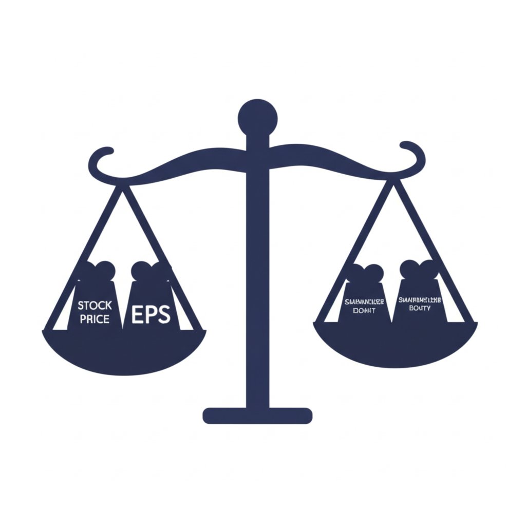 平衡秤顯示庫藏股對股價、EPS與股東權益的多面向影響插圖