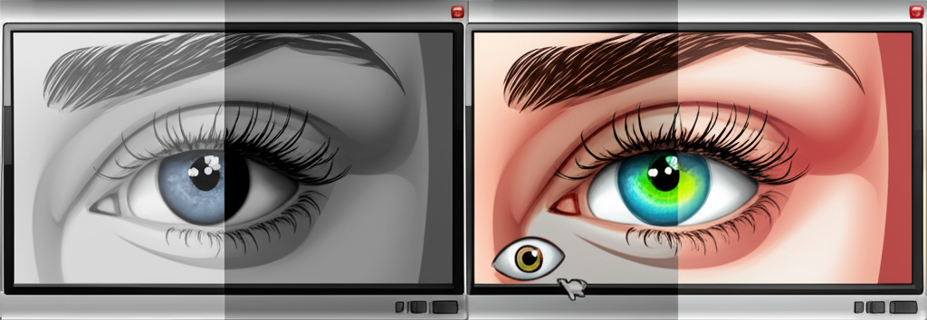 電腦螢幕 Gamma 校正對比插圖,一側顯示不良效果,另一側呈現鮮豔色彩與清晰陰影,人眼觀察