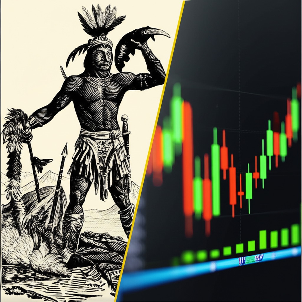 頭皮歷史與金融含義對比插圖,戰士與交易圖表的並置