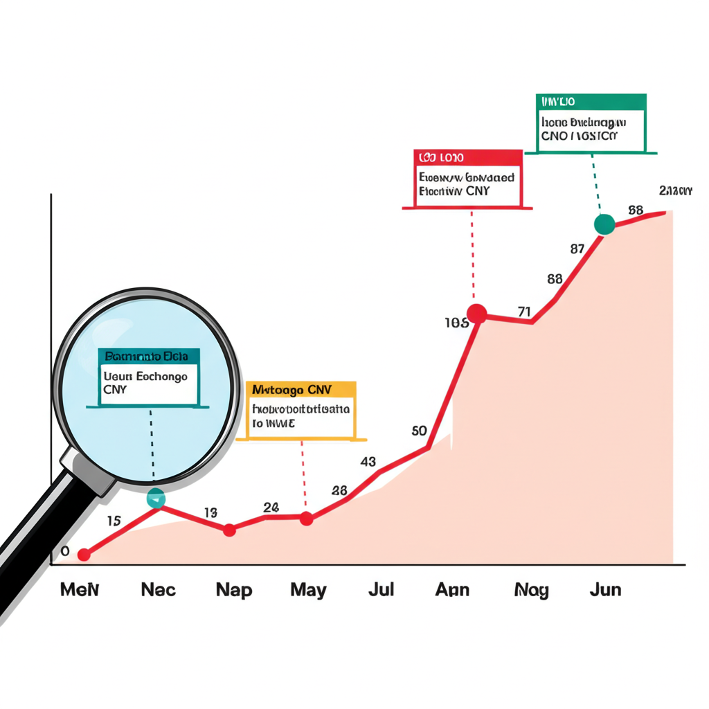 美元兌人民幣歷史走勢時間線圖，標註經濟政治事件與趨勢分析放大鏡
