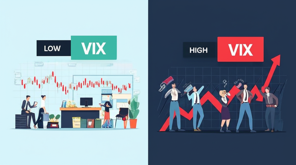 VIX高低不同市場情緒對比圖,一側平靜低VIX,一側動盪高VIX