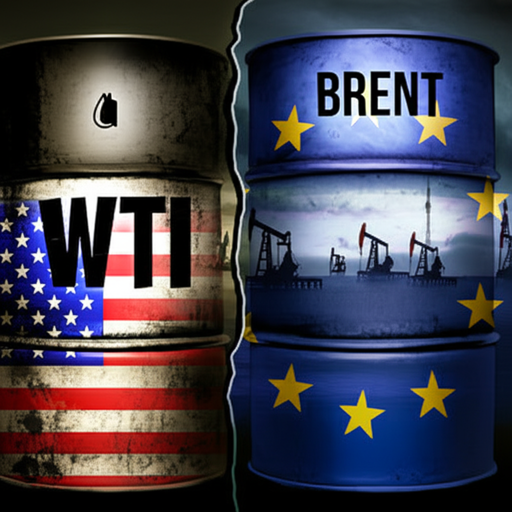 WTI 與布蘭特原油桶分割插圖，配美國旗與歐洲旗及北海油井背景