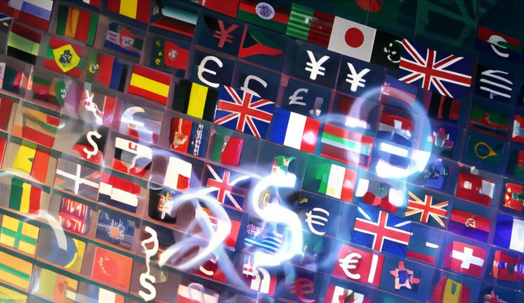 熱鬧的外匯市場插圖,國家旗幟與貨幣符號代表高交易量和全球流動性