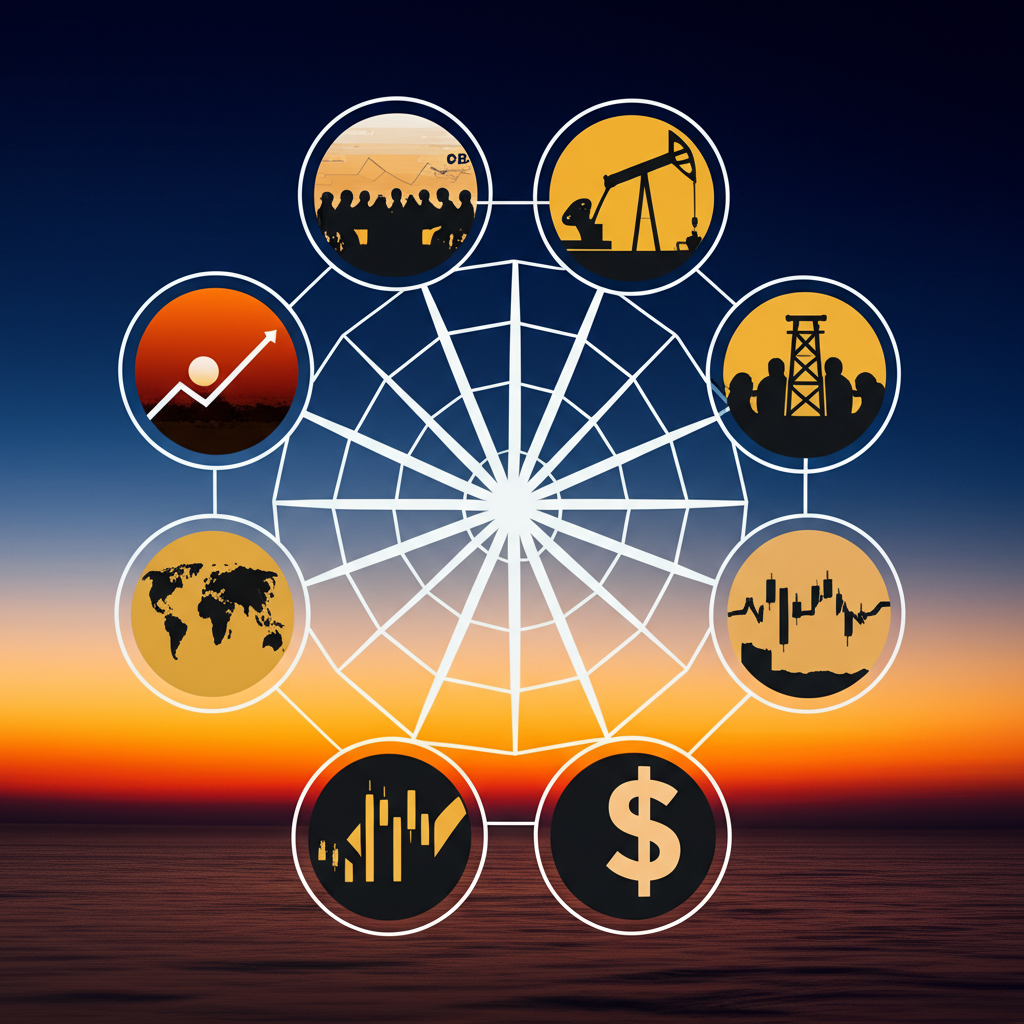 影響 WTI 油價八大因素的圖標插圖,包括 OPEC 會議、美國油井、地緣衝突、經濟圖表、美元符號與股市圖表