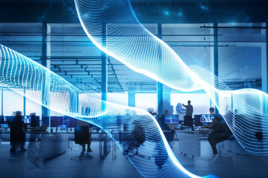 An illustration of artificial intelligence influencing daily life and work with robots and humans collaborating in a modern office landscape digital waves transforming global workplaces