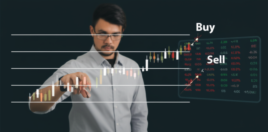 An illustration of a rising stock chart with an ascending channel drawn on it showing buy and sell points a confident trader analyzing multiple financial instruments like stocks forex and crypto in a digital interface