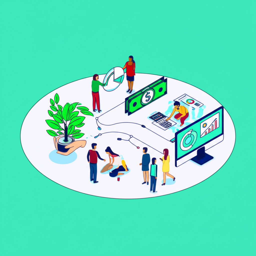 An illustration of a diverse group of people managing finances a person holding a money tree a business person looking at charts and a family planning investments all connected by lines representing asset understanding