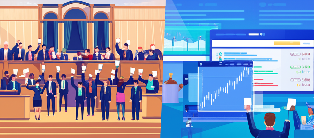 拍賣會與數位股票市場介面的對比圖,象徵競價在廣義與金融市場中的意義