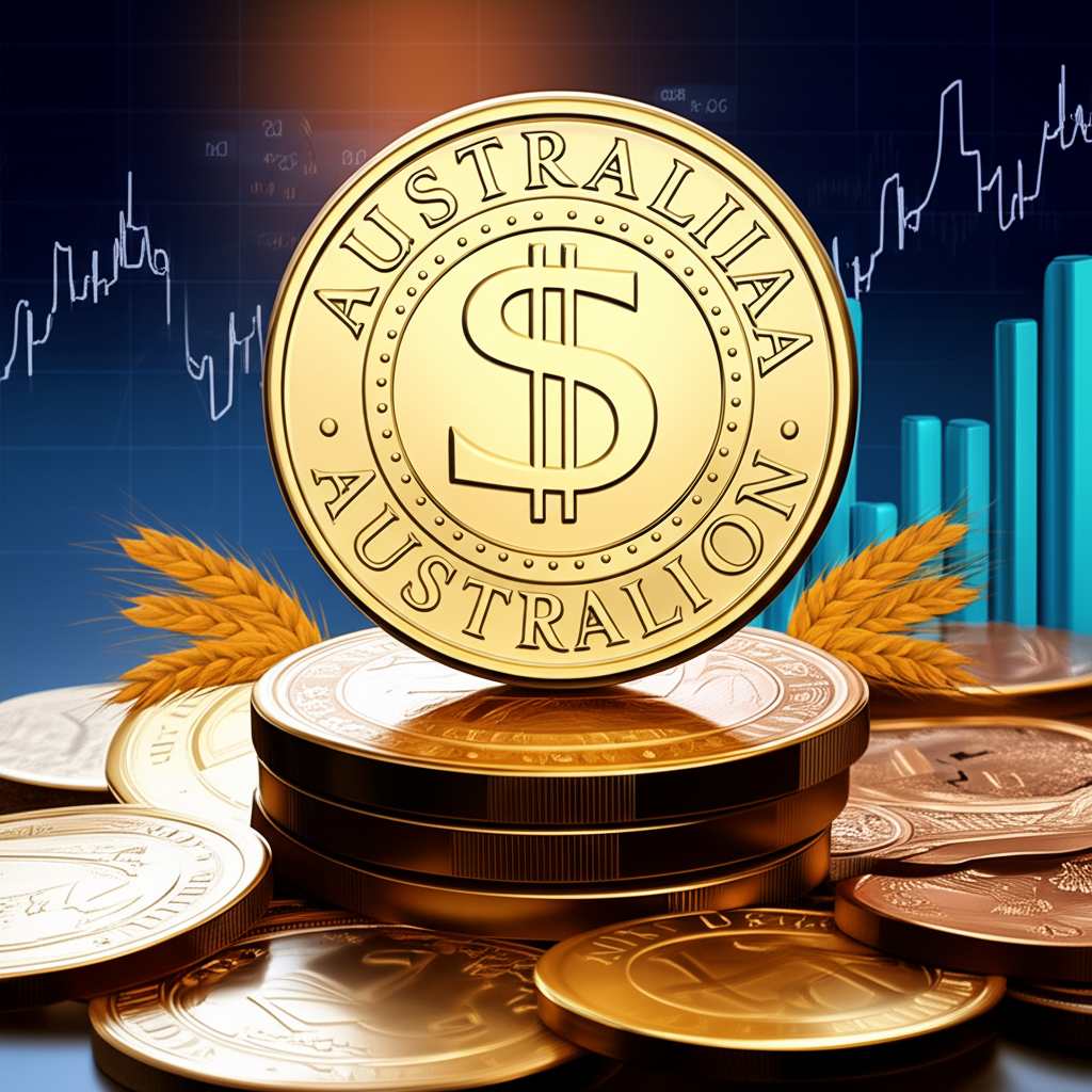 澳幣回升插圖:澳幣幣值上升超越其他貨幣,背景包含全球經濟指標與商品符號,象徵市場重新評估