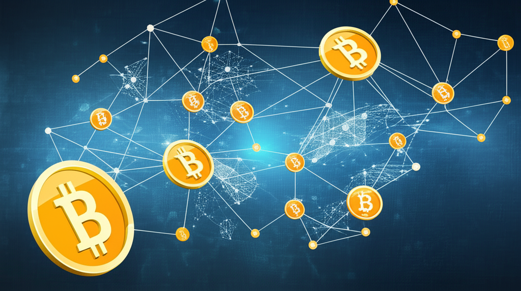 全球互聯電腦網路代表去中心化區塊鏈,比特幣符號在其中二十四小時不間斷流動