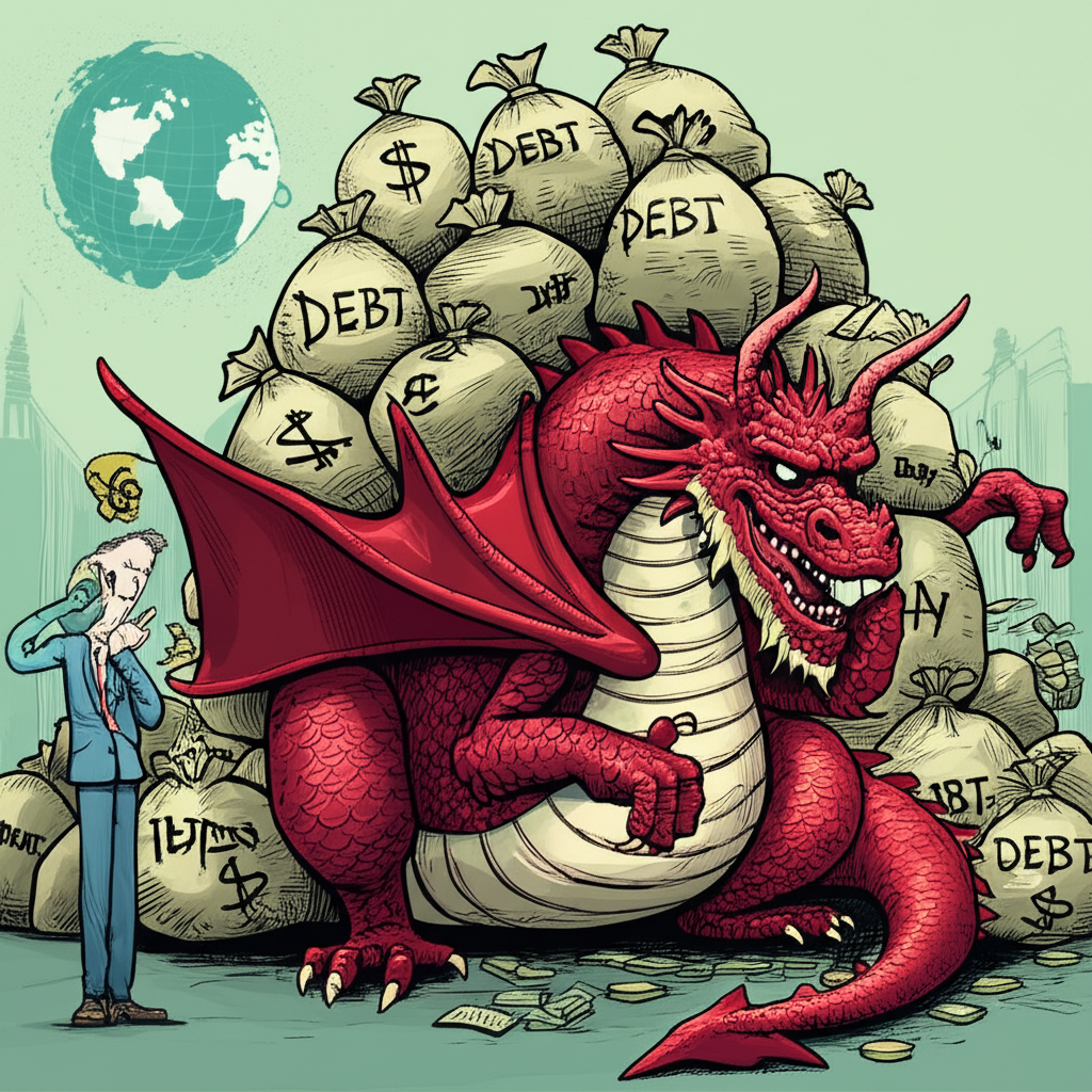 An illustration of a large red dragon representing China struggling under a heavy pile of money bags labeled 'debt' with a worried global economist observing in the background a metaphor for China's debt crisis illustration style