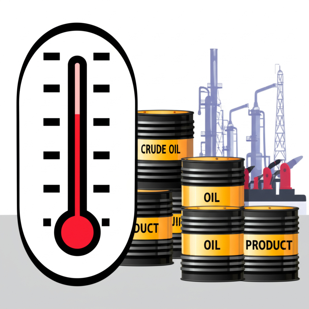 裂解價差作為能源市場利潤指標的溫度計圖示,顯示原油桶與成品油泵浦監測