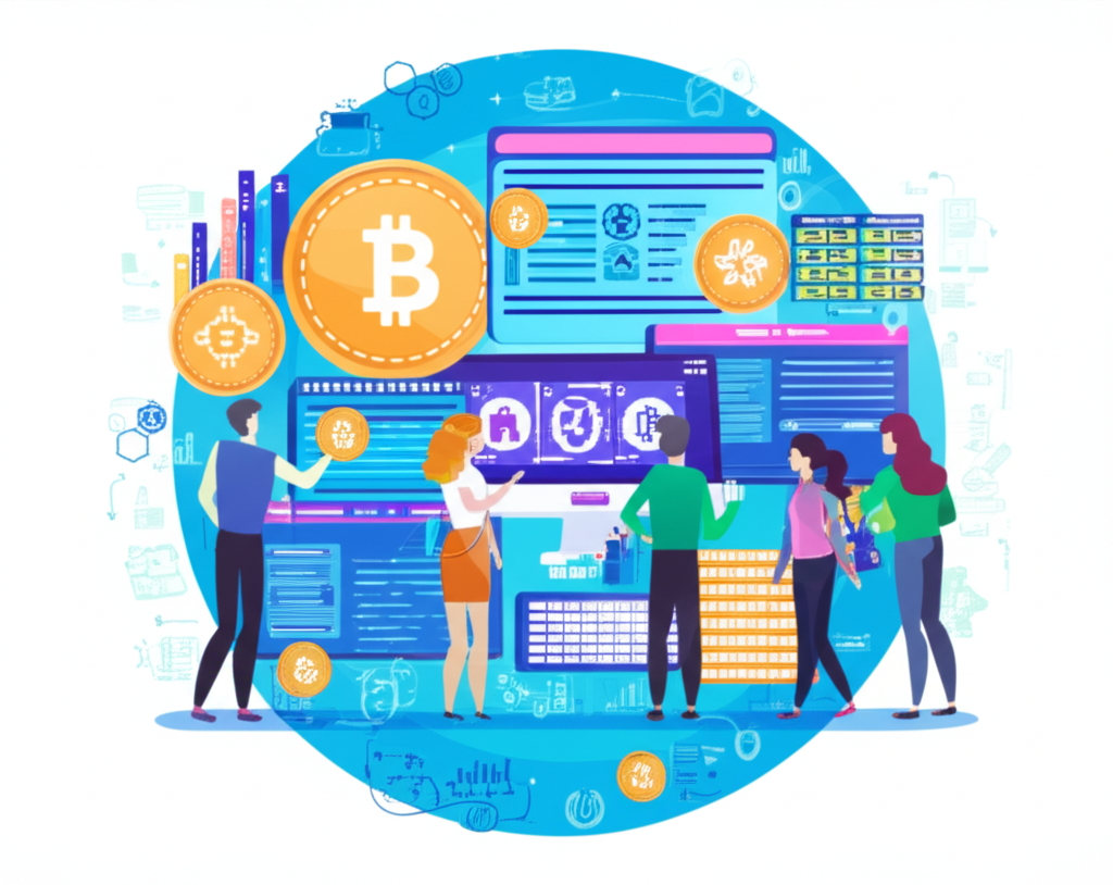 全球數字貨幣交易網絡插圖,台灣與香港投資者透過螢幕管理加密投資,強調安全與法規