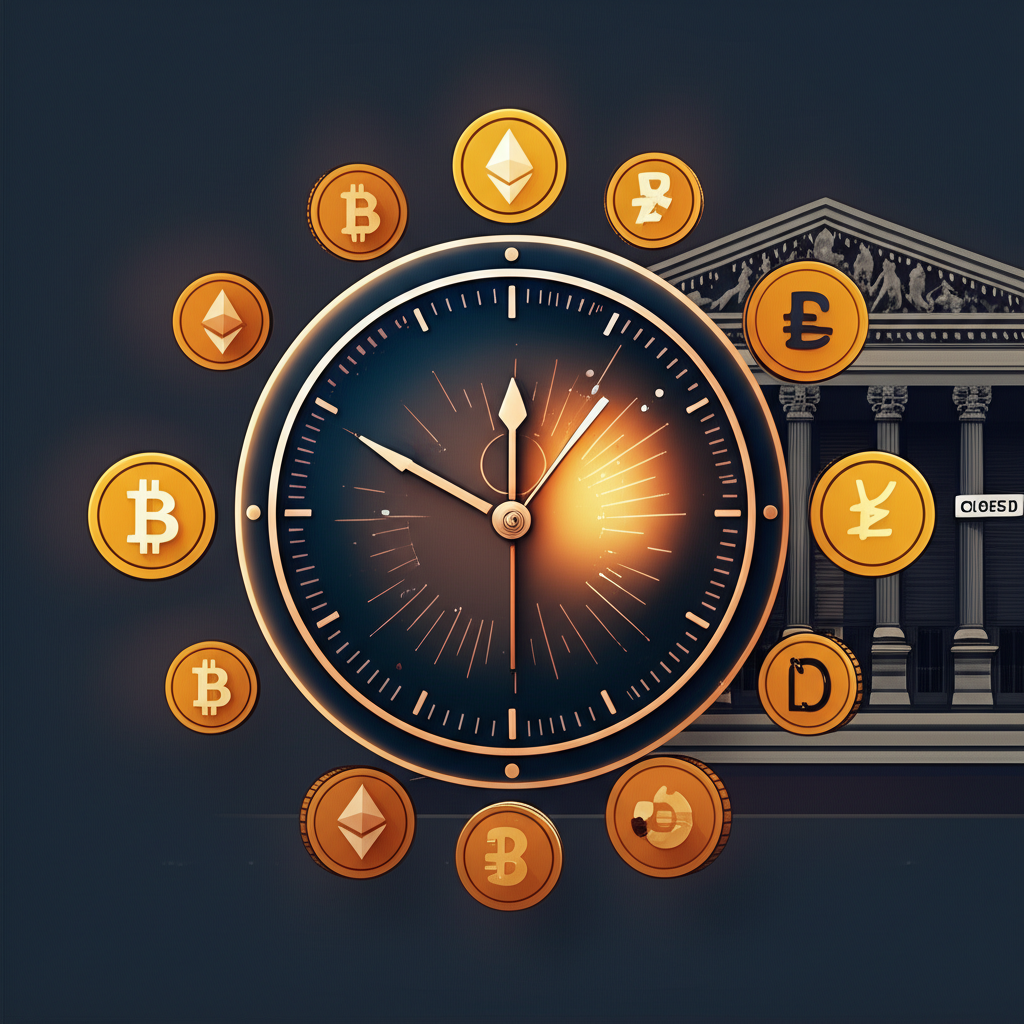 全球時鐘環繞加密貨幣符號,展示24/7運作,對比傳統股市大樓關閉的景象