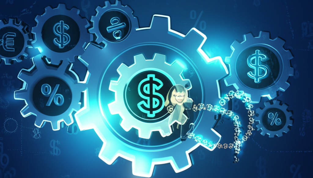 金融世界中股東從公司股利獲得回報的齒輪與金錢符號插圖