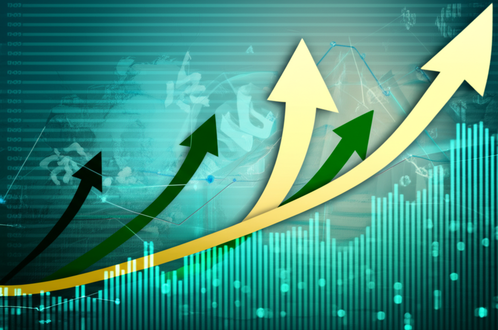 各種財務圖表和向上箭頭的插圖,象徵 ETF 投資帶來的財富增長與成功,背景為多元全球市場與抽象金融元素