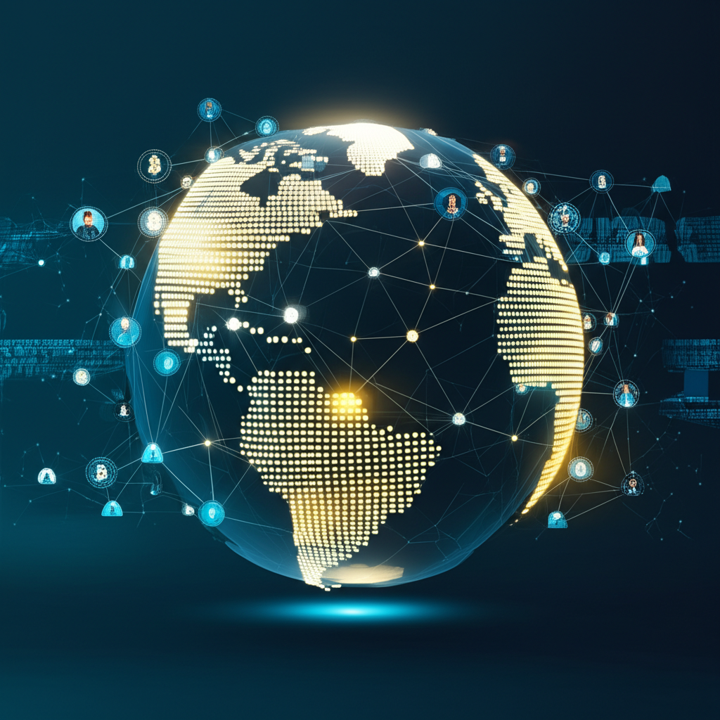 數位貨幣全球流動改變金融格局的插圖,展示去中心化網路與密碼學及區塊鏈帳本技術連結各種人與機構