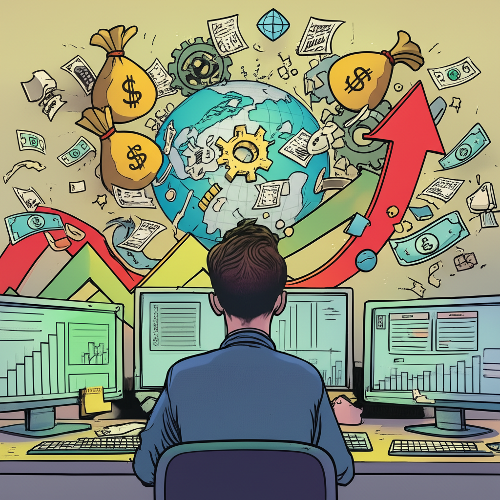 股價波動圖表與全球經濟符號交織,投資新手困惑面對多重因素