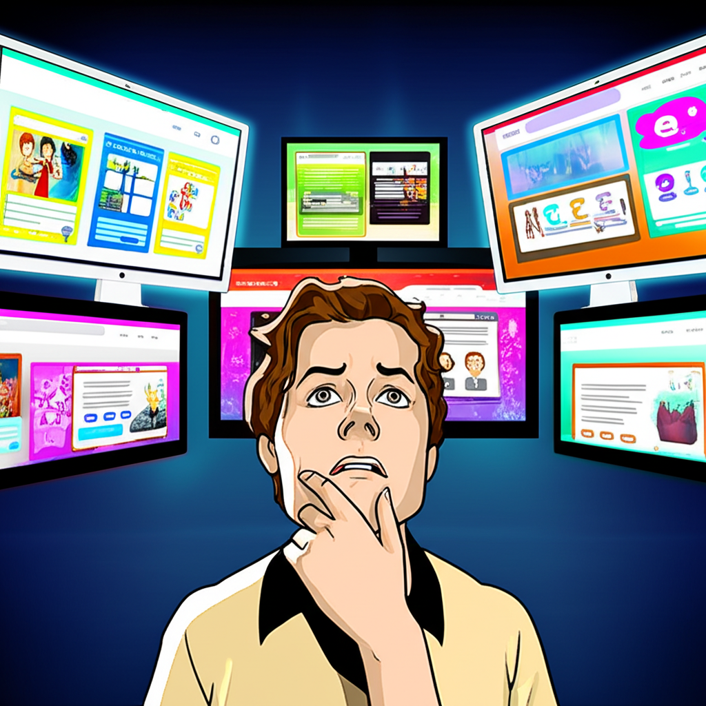 一個人焦慮地盯著多個閃爍螢幕,顯示各種興奮活動和機會的插圖
