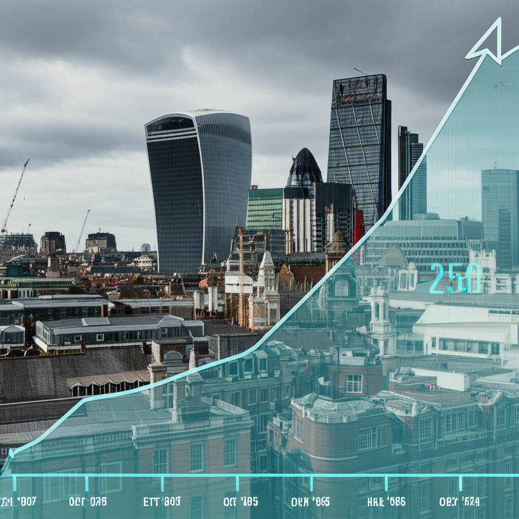 英國城市景觀與FTSE 250指數圖表插圖，象徵英國中型股與本土經濟健康
