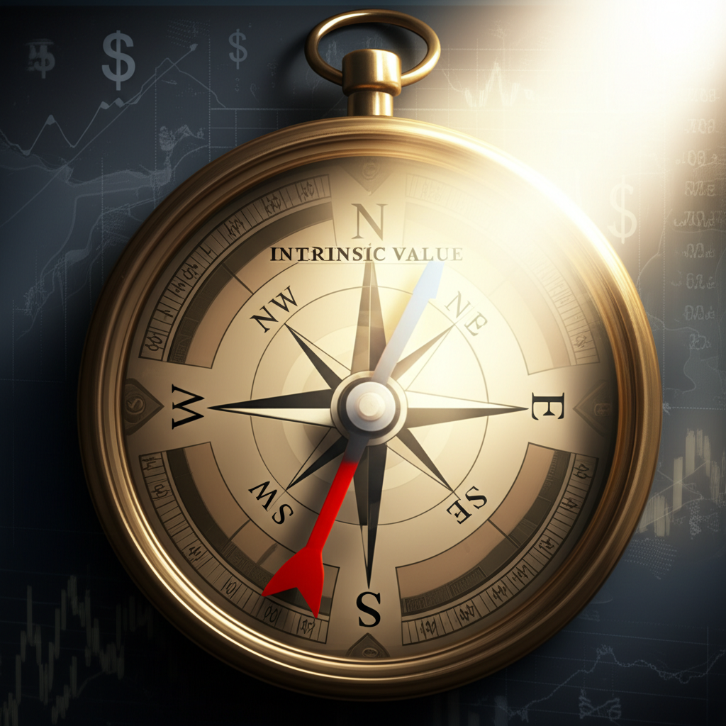 投資者透過羅盤探索公司內在價值的金融景觀插圖