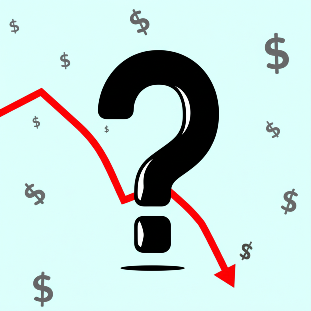 股市圖表呈現下行趨勢,背景有利率符號下降與問號,象徵經濟不確定性