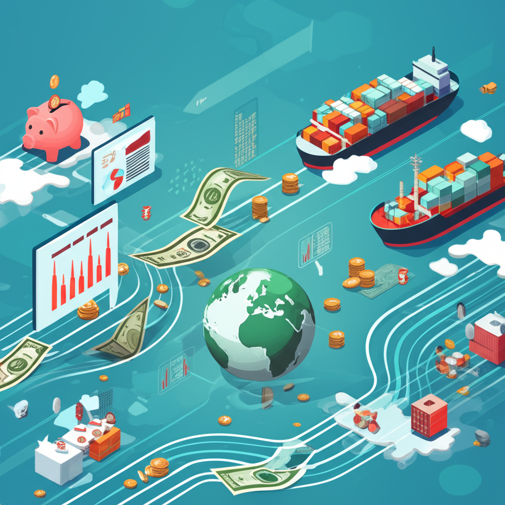 An illustration of money flowing smoothly through various economic sectors including stock markets international trade and personal savings plans symbolizing liquidity as the lifeblood of finance