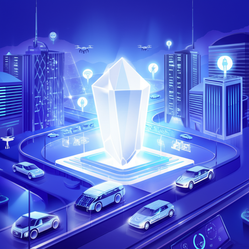 未來城市中電動車與智慧裝置由發光的白色晶體鋰礦供能,象徵未來能源與戰略價值