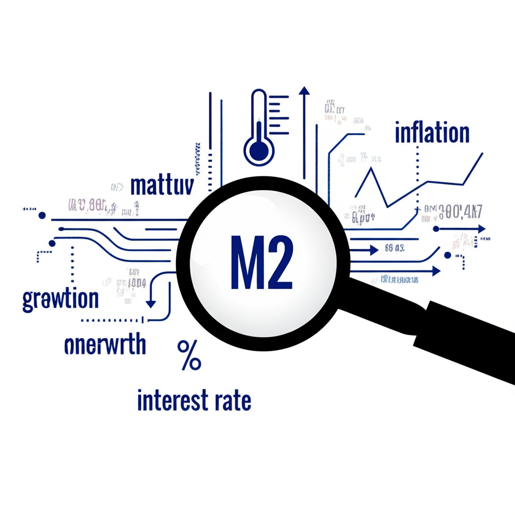金融市場脈動與 M2 廣義貨幣供給量指標的插圖，顯示數據流動與經濟指標如通貨膨脹、利率和成長