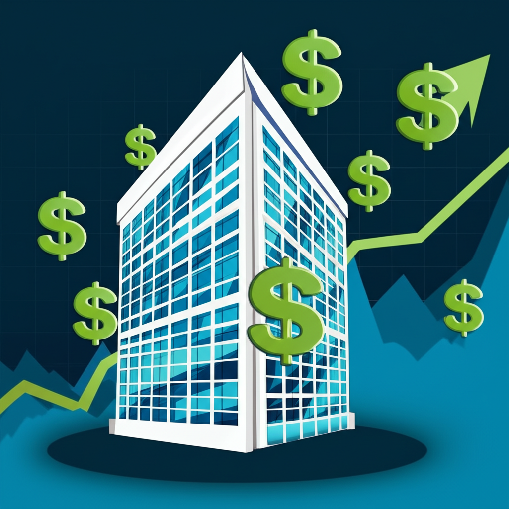 市值概念插圖,顯示公司建築與金錢符號及市場圖表代表總股票市場價值