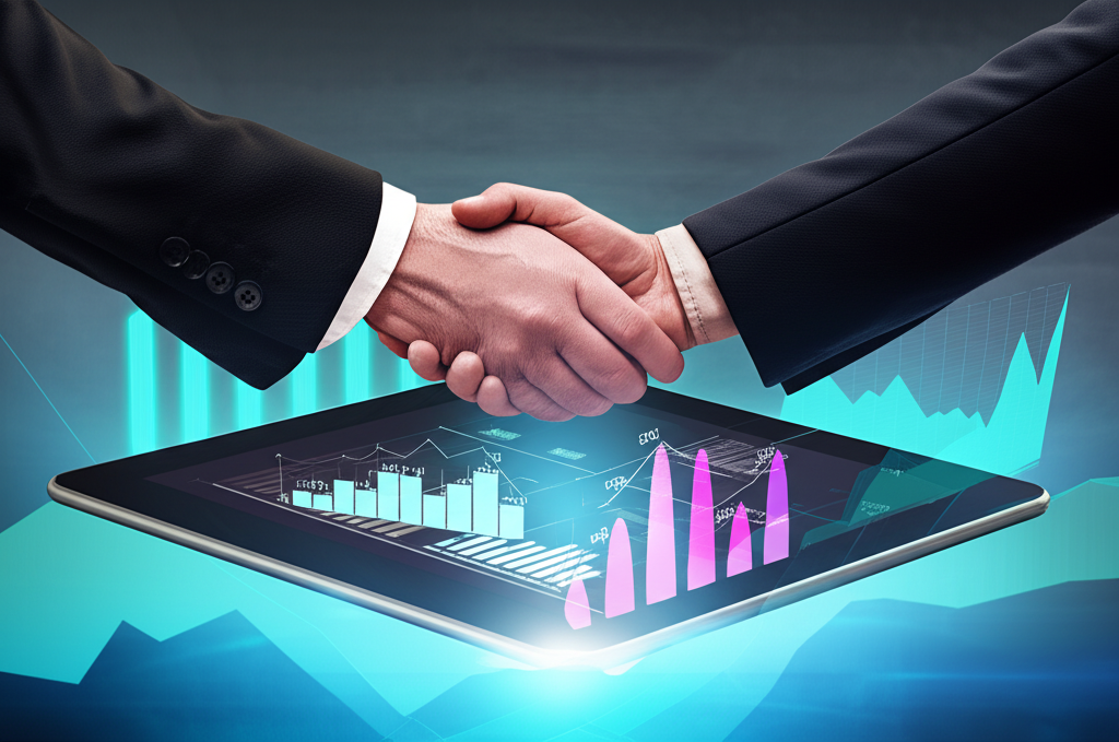兩位商務人士在顯示圖表和數字的平板電腦上握手,象徵動態金融世界中的成功報價